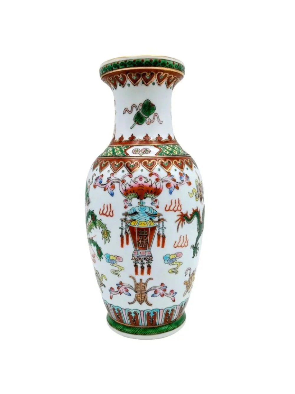 Chinese Green Dragon Vase Hand Painted Porcelain Gilt 8.5 in Qianlong mark